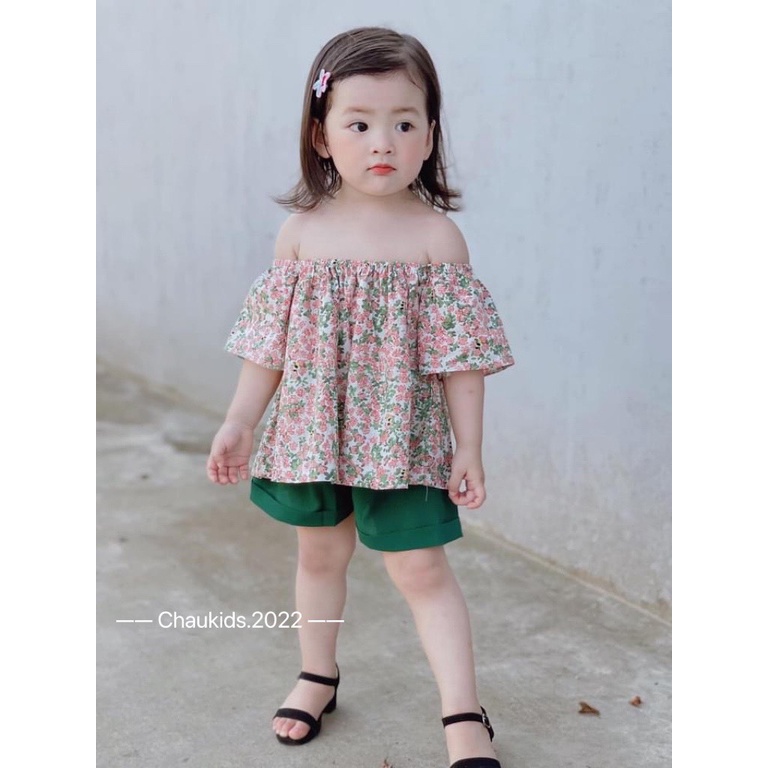 Bộ cộc tay bé gái, Set hoa nhí trễ vai phối quần xanh bé gái Bm_babyshop68