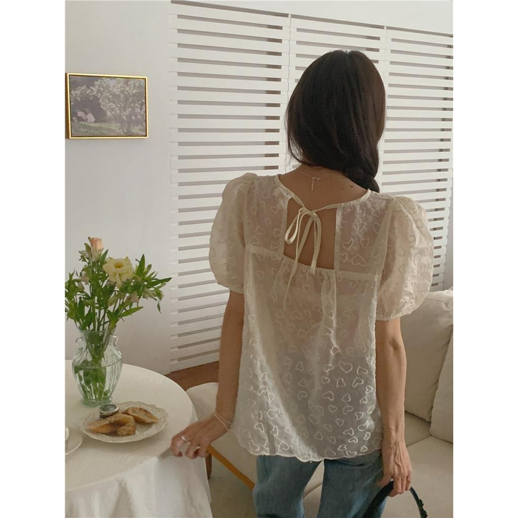 Áo Thun Cổ Tròn Tay Ngắn Thêu Hình Trái Tim Nhỏ Tinh Tế 52113 Phong Cách Hàn Quốc