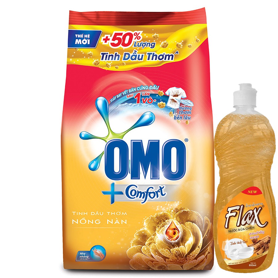 COMBO (1 TẶNG 1) Bột giặt Omo Comfort Tinh dầu thơm 5,5kg Tặng Nước Rửa Chén Flax 800ml