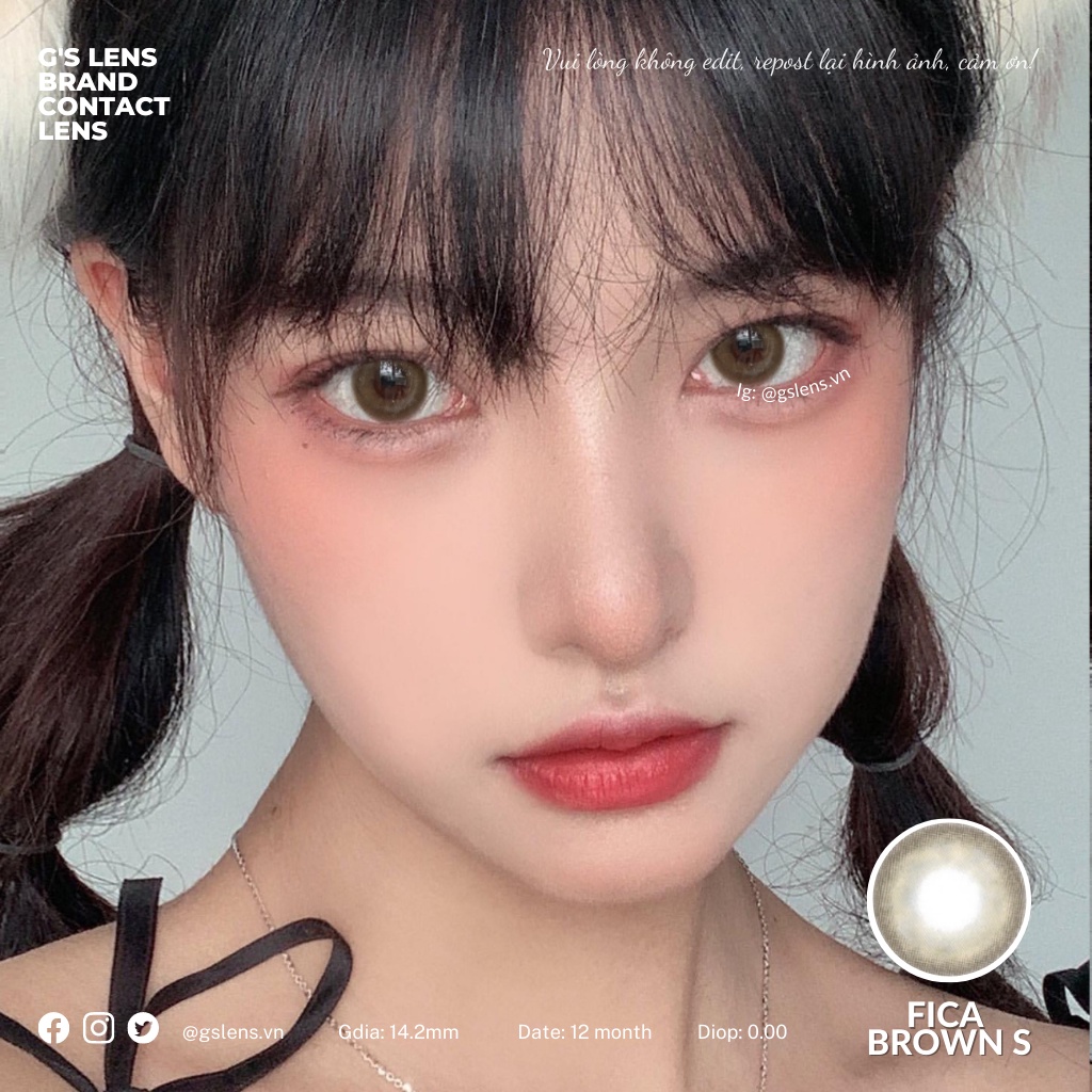 Lens Mắt Kính Áp Tròng Màu Nâu Tự Nhiên FICA BROWN Giãn Ít Size S 14.2mm Có 0 Đến 7 Độ Lệch Độ