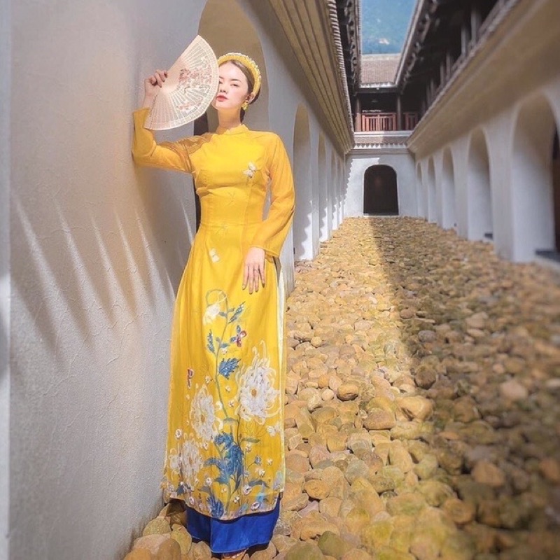 Áo dài Tết tơ 4 tà HOA SEN dài dáng truyền thống - Áo dài HOA CÚC TẾT