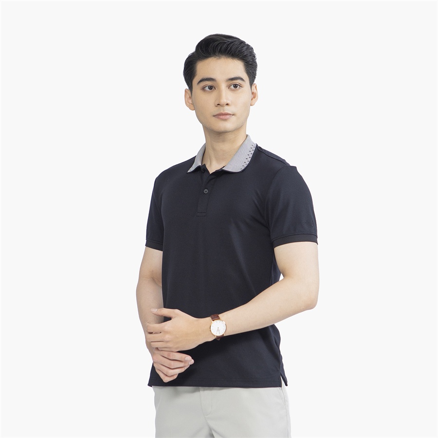 Áo thun polo nam Aristino APS121S2 phông ngắn tay có cổ bẻ dáng slim fit ôm nhẹ màu đen viền cổ xám vải Cupro cao cấp