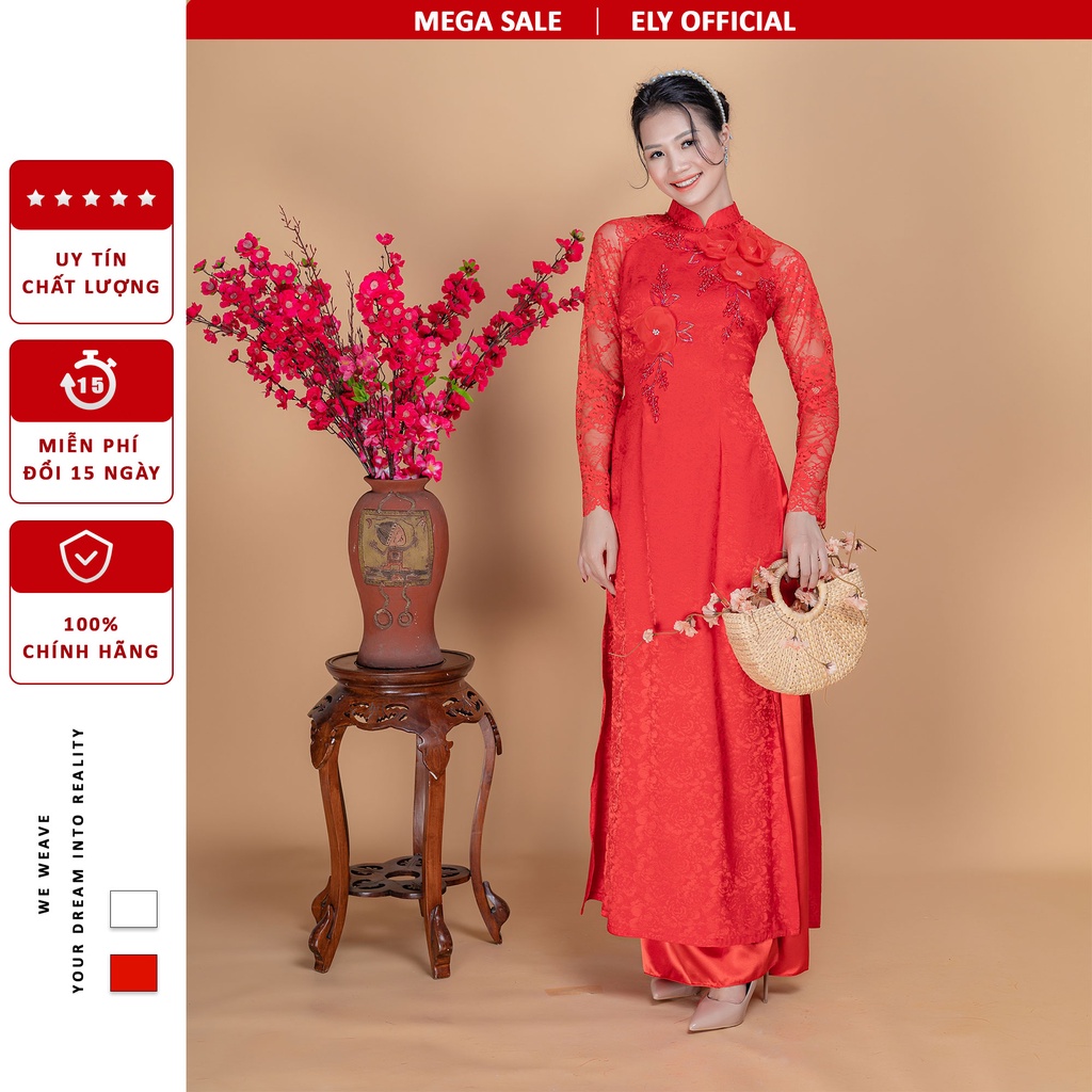 Áo dài cưới truyền thống ELY Boutique, thân kết đính hoa, 3 lớp 6 tà
