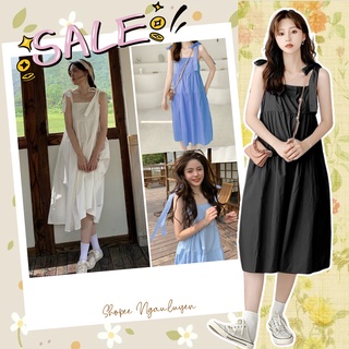 SUV003 Váy babydoll dáng dài hai dây bản to thắt nơ xanh trắng form rộng