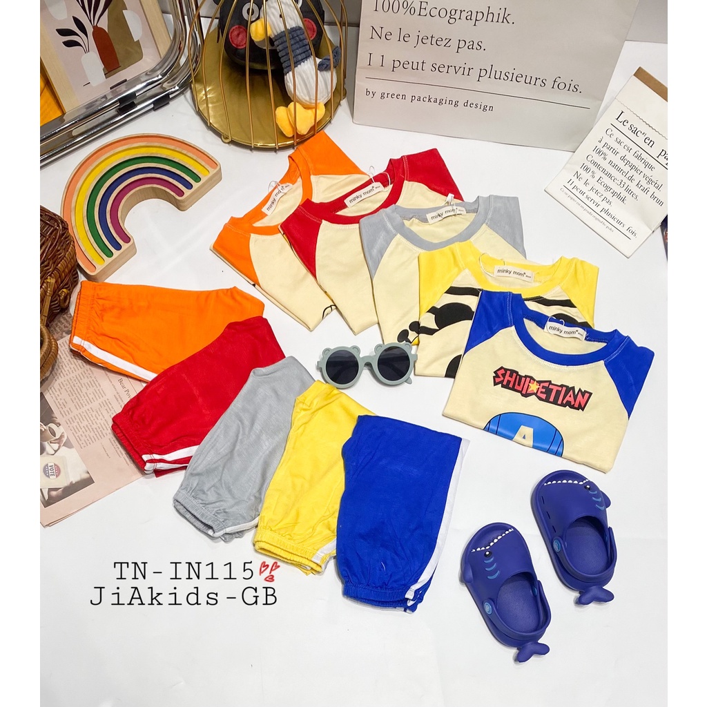 Bộ Tay Ngắn Quần Dài THUN LẠNH MINKY MOM Quần Chạy Sọc Áo In Hình Dễ Thương Cho Bé TN-IN115