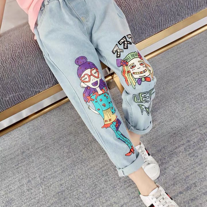 Quần Jeans Dài In Hình Hoạt Họa Cho Bé Gái 5-15 Tuổi