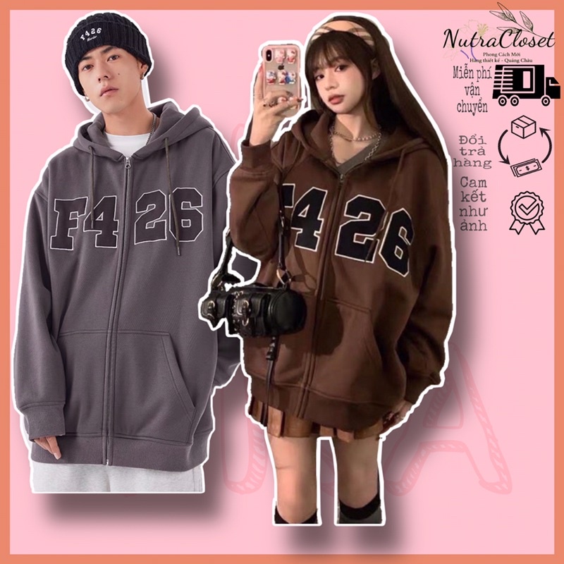 Áo khoác nỉ ngoại dây kéo thêu chữ F4 26 nón 2 lớp unisex ulzzang nam nữ