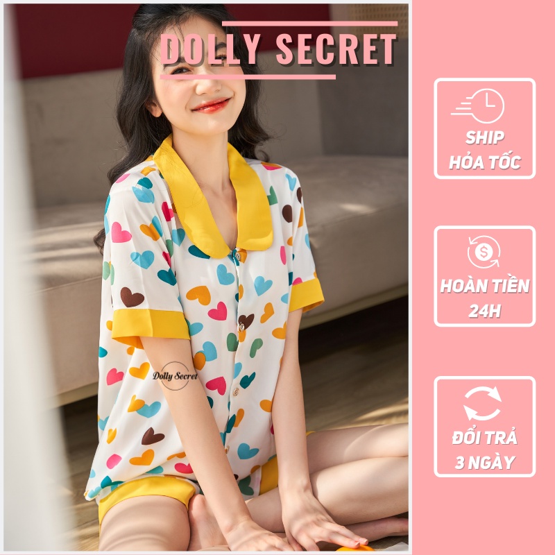 Đồ bộ Pijama ngắn tay cộc quần đùi lụa mango cổ tròn họa tiết trái tim chấm bi đáng yêu DOLLY SECRET CC04