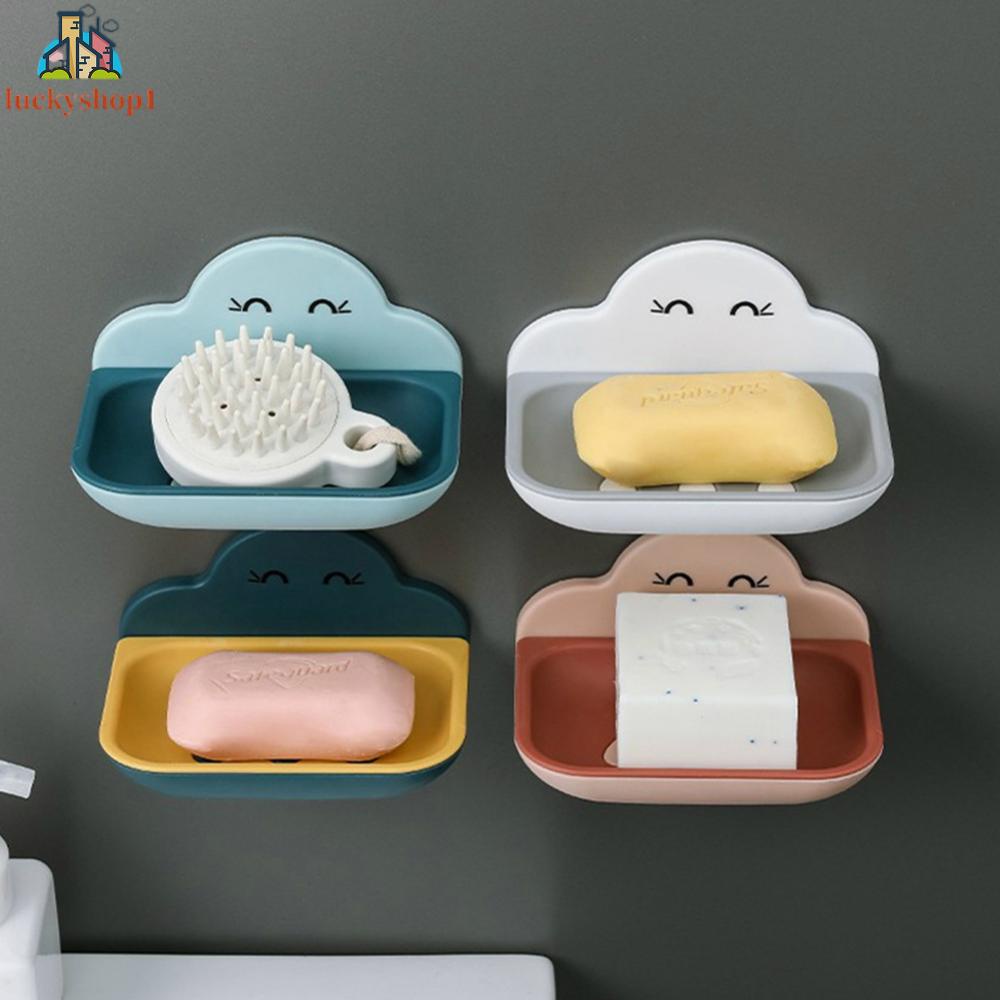 Đám mây dễ thương Giá đựng xà phòng Đám mây sáng tạo Đĩa xà phòng hai lớp Sucker Treo tường Đĩa xà phòng Giá đỡ dễ thương Thoát nước Toilet Không đục lỗ