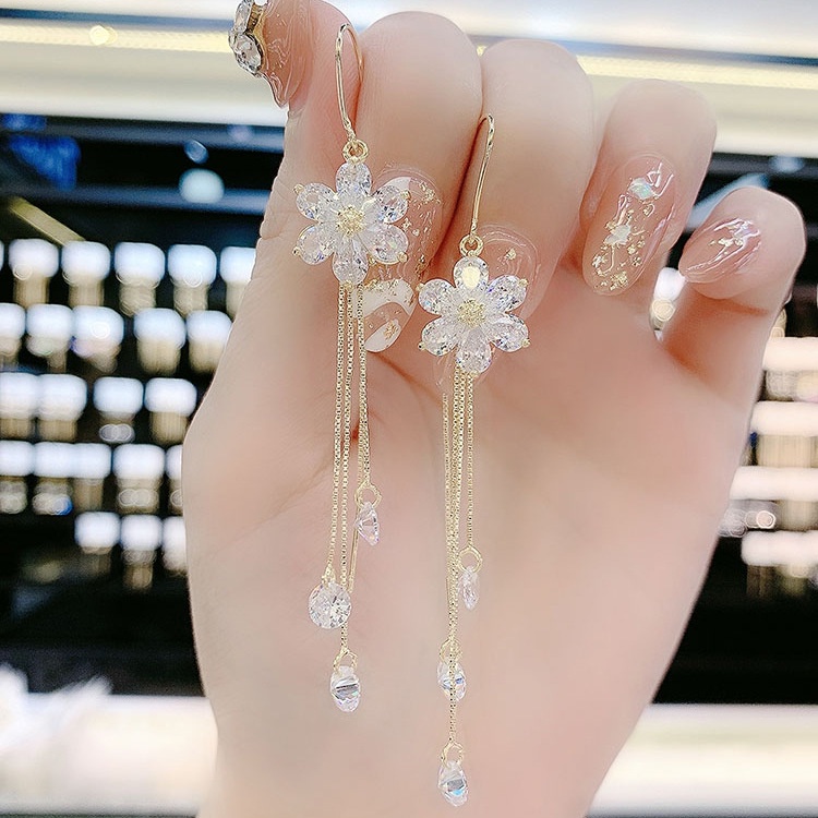 Khuyên Tai Dài Bươm Bướm Pha LêTua Rua Dáng Đính Hoa Zircon Trắng Chống Thất Lạc Hoa Bông Tai Dài Nữ