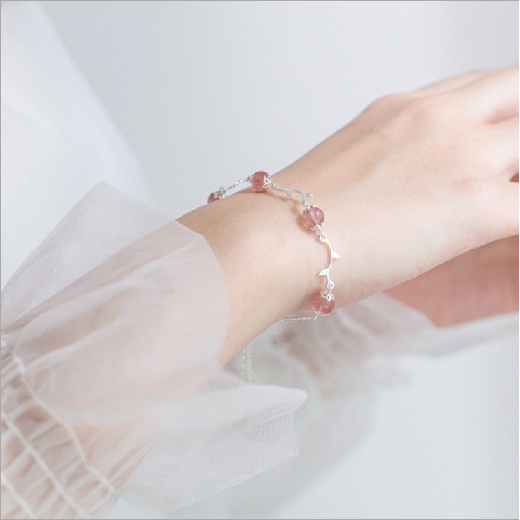 Vòng Tay Bạc Nữ Xinh Xắn Thiết Kế Đơn Giản Đá Hồng Dâu Tây L1774 - Bảo Ngọc Jewelry
