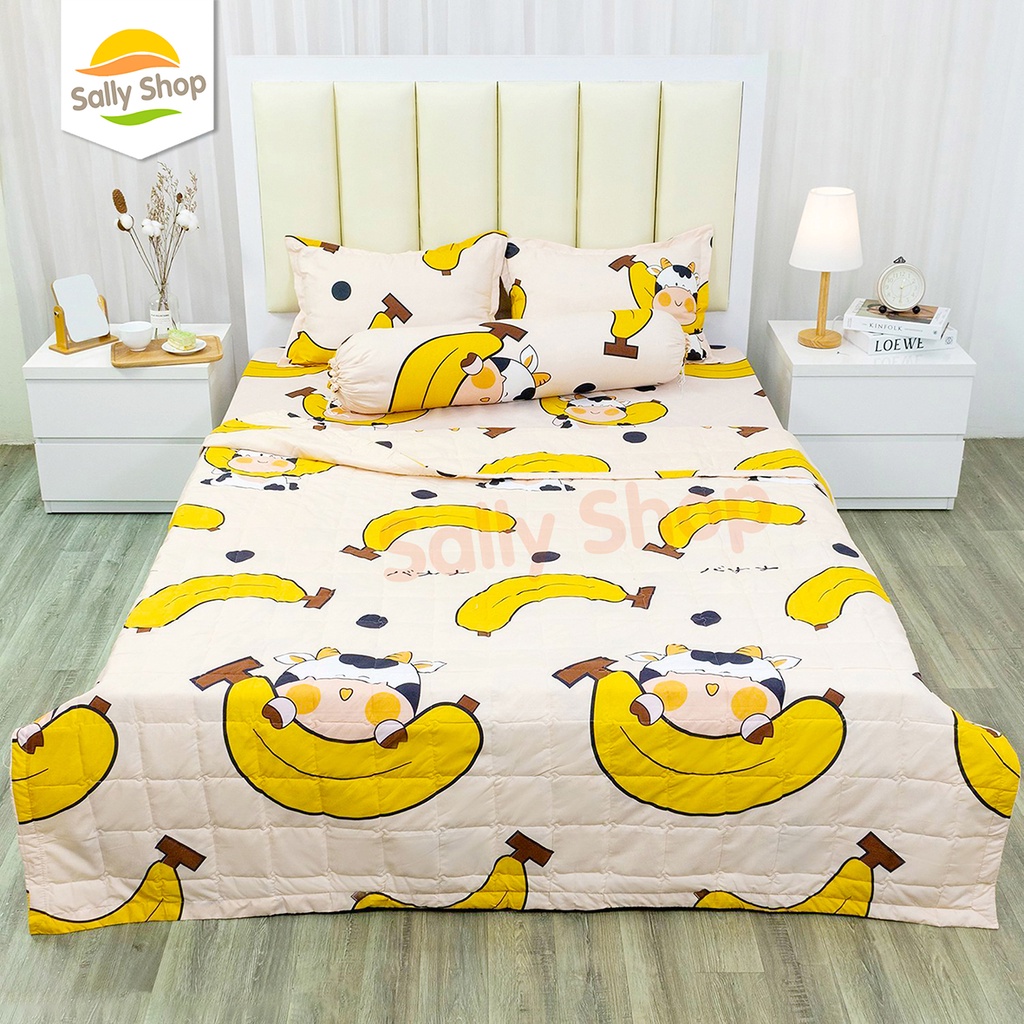 Bộ Chăn Hè Thu Trần Bông Kèm Drap Trải Giường Vải Cotton Poly Mẫu BÒ SỮA CHUỐI