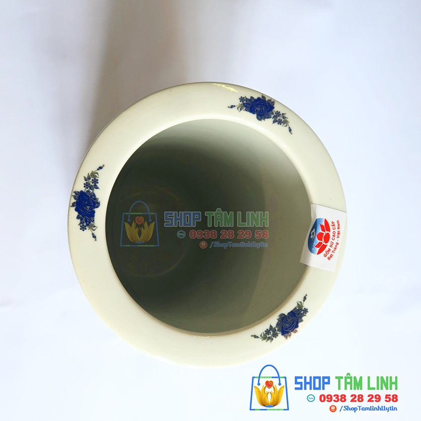 Ống cắm /đựng hương đồ thờ cúng Bát Tràng vẽ Phúc Lộc Tho màu xanh kim shoptamlinh
