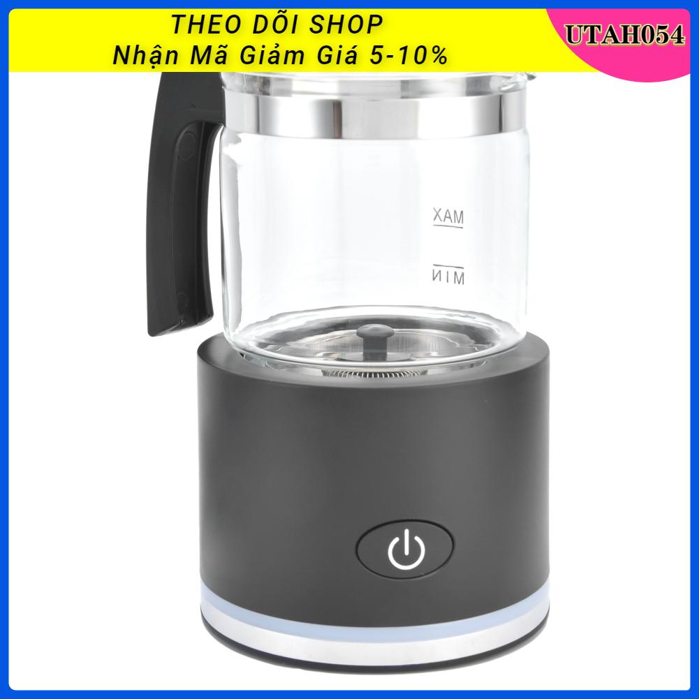 Utah054 Máy làm lạnh sữa bằng thủy tinh có thể nóng tạo bọt và điện tự động tháo rời cho cà phê Latte EU 220V Đen