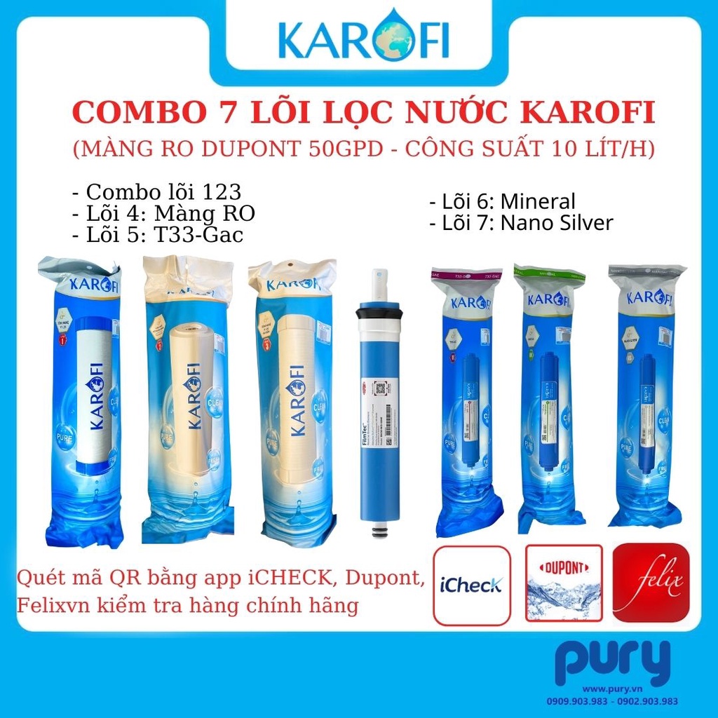 Bộ Lõi Chức Năng KAROFI (123,RO,56789) - Màng RO Dupont 50GPD - Công suất 10 lít/h