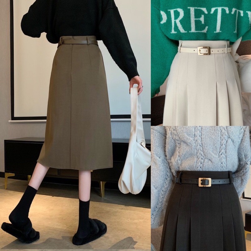 Chân váy dạ xếp li to kèm đai thắt vintage. Chân váy xoè công sở