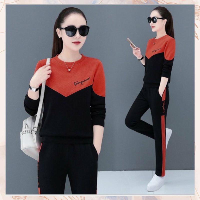 Đồ bộ thu đông nữ dài tay chất umi hàn thêu chữ nổi - đồ bộ thể thao nữ cổ tròn có túi sâu