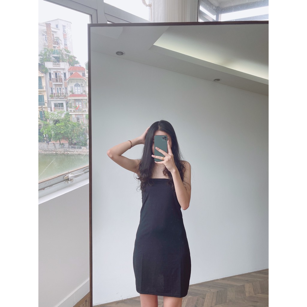 Váy hai dây body, Váy 2 dây bản to màu đen trơn bo zip DASKI | BigBuy360 - bigbuy360.vn