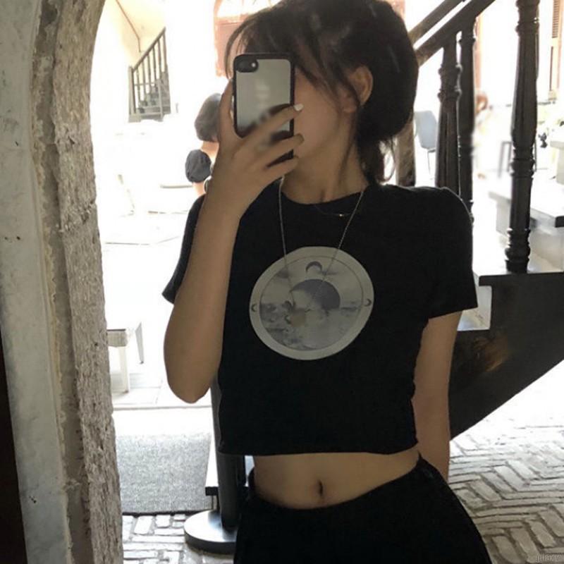 Áo Thun Lưng Tay Ngắn Cổ Tròn Dáng Ôm In Hình Thời Trang Kiểu Hàn Quốc