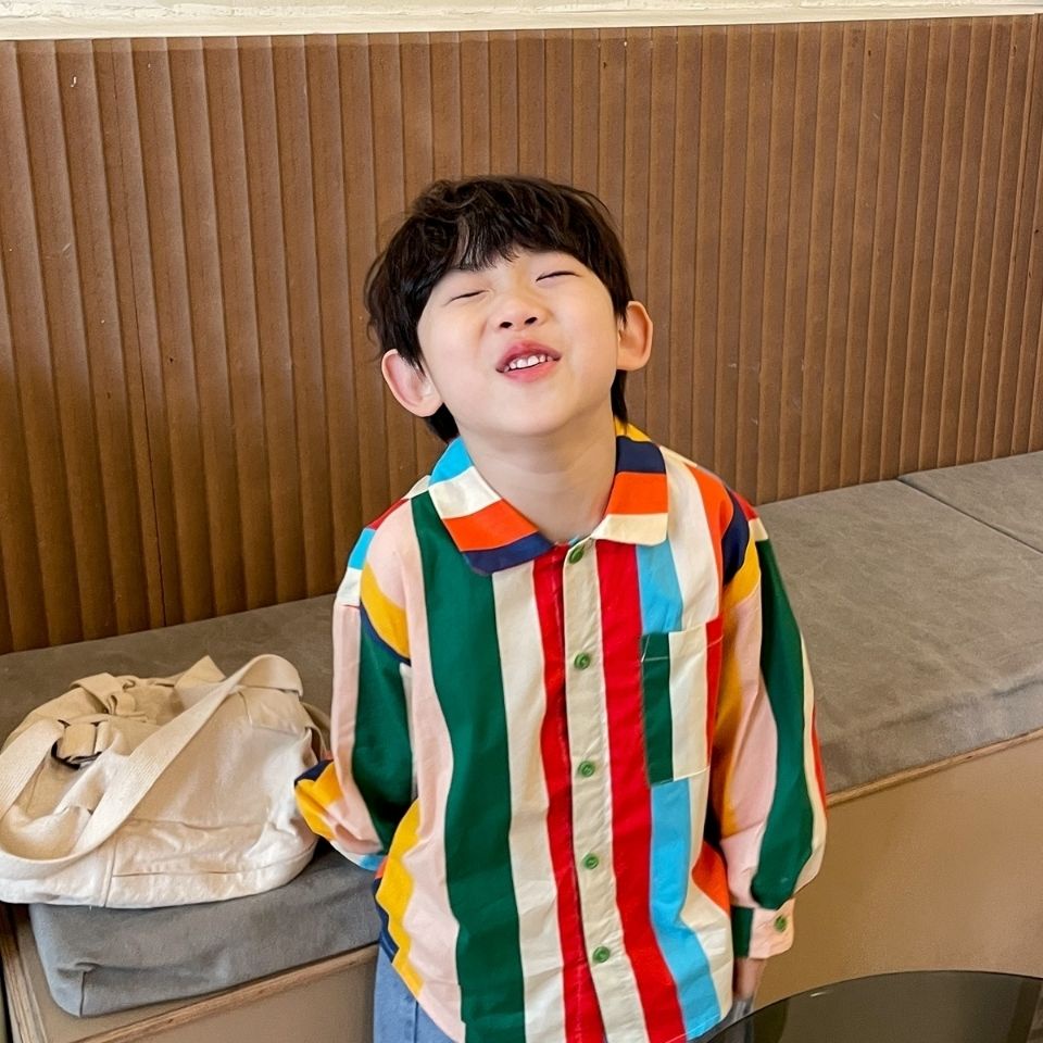 Áo Sơ Mi Tay Dài Kẻ Sọc Cầu Vồng Phong Cách Hàn Quốc Thời Trang Mùa Xuân Mới 2022 Dành Cho Bé Trai