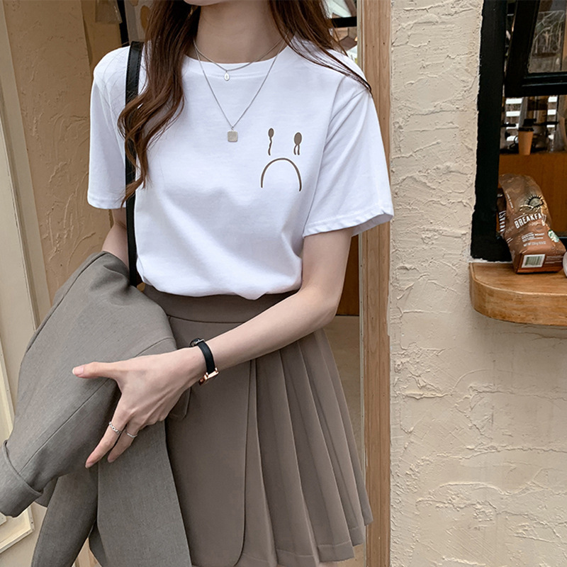 Áo thun nữ dáng rộng tay ngắn cổ tròn in họa tiết thời trang Hàn Quốc hè 2021