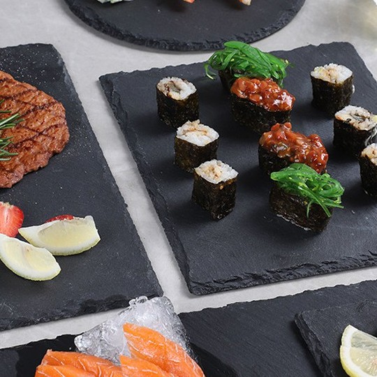 Dĩa/Đĩa đá đen decor đồ ăn, chụp ảnh sản phẩm, loại tròn-vuông-chữ nhật nhiều kích cỡ