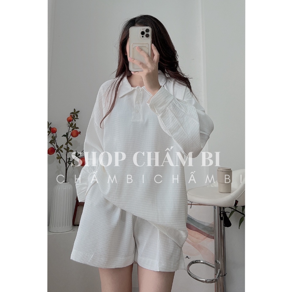 Set polo nữ form rộng S.097, Set áo polo cổ sen tay dài kèm quần short năng động - Thời trang nữ Shop Chấm Bi