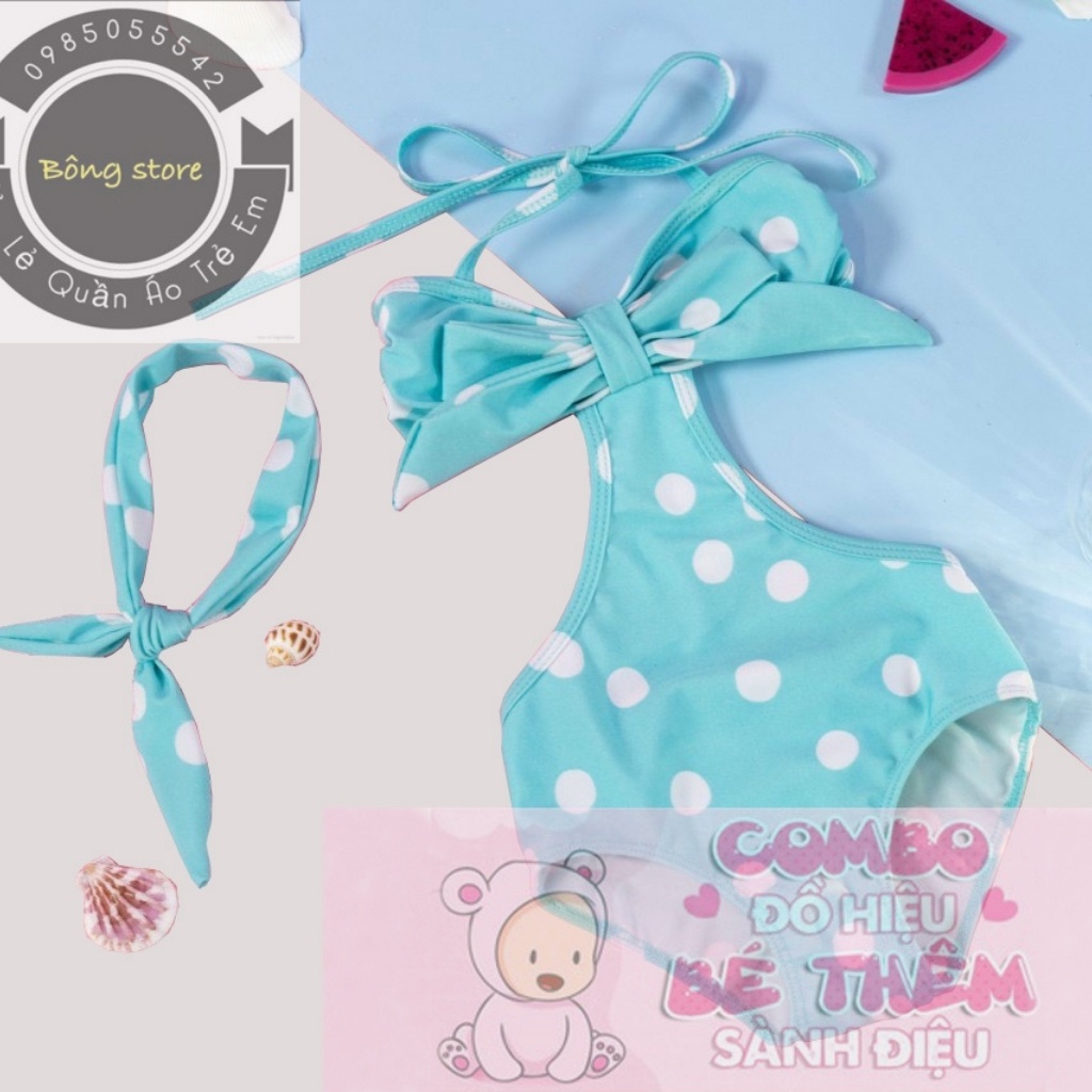 Bộ bơi liền thân khoét eo đính nơ kèm tuban cho bé gái hàng chuẩn thiết kế
