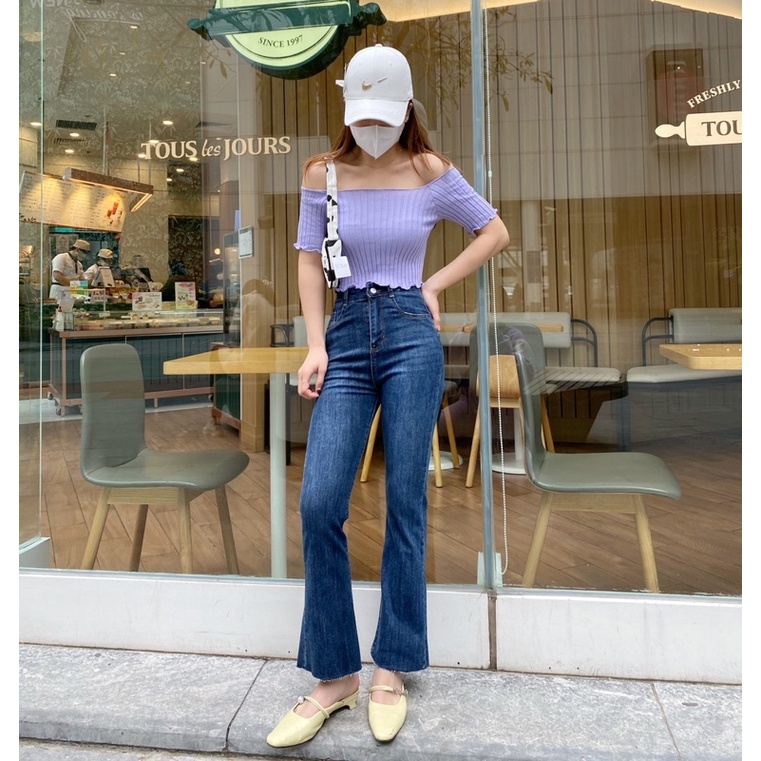 Quần Jeans Ống Loe Cạp Cao cắt Gấu Chất co dãn cực tôn dáng có gấu - Ảnh Thật Lu chụp