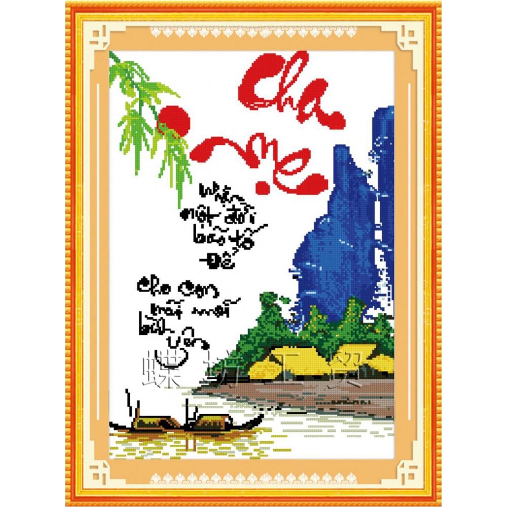 Tranh thêu chữ thập Thư Pháp Cha Mẹ 222407 (TRANH TỰ THÊU) KT:43X58CM
