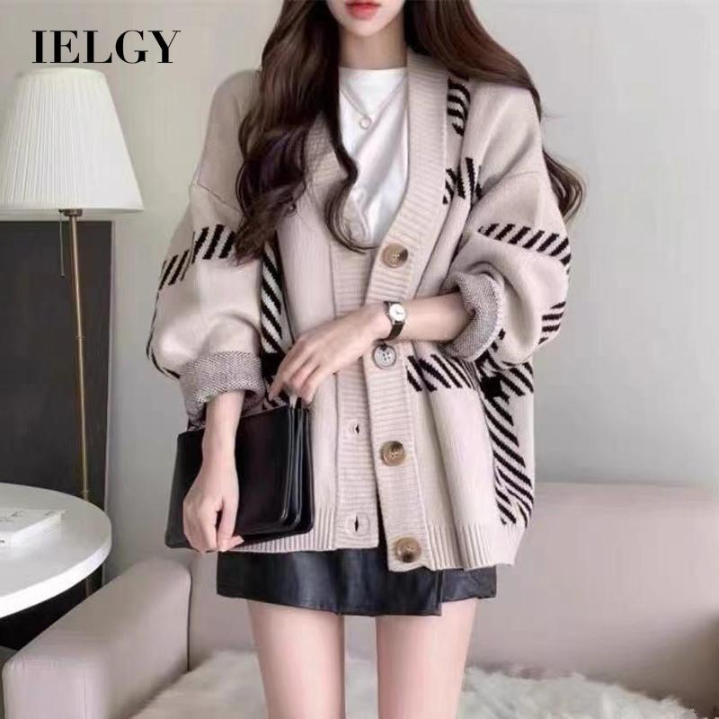 IELGY  Áo Khoác cardigan Dệt Kim Dáng Rộng Họa Tiết Kẻ Sọc Màu Đen Đơn Giản Dễ Phối Đồ Cho Nữ