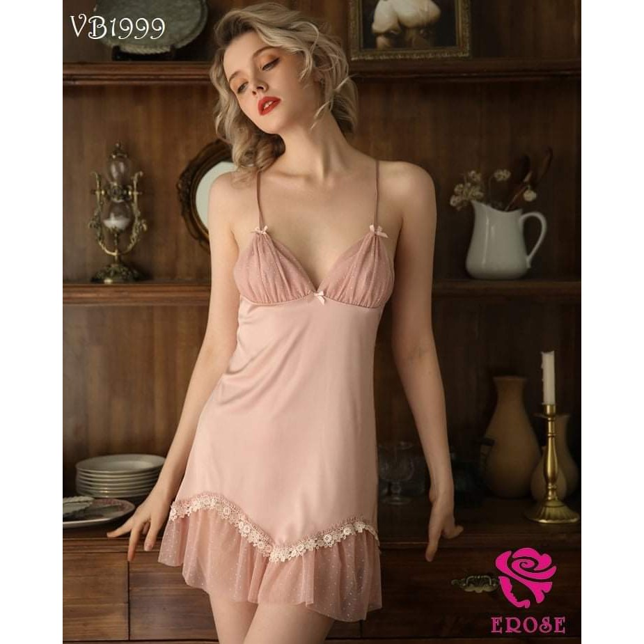 Váy ngủ Lụa Hồng pha ren cao cấp MS1956