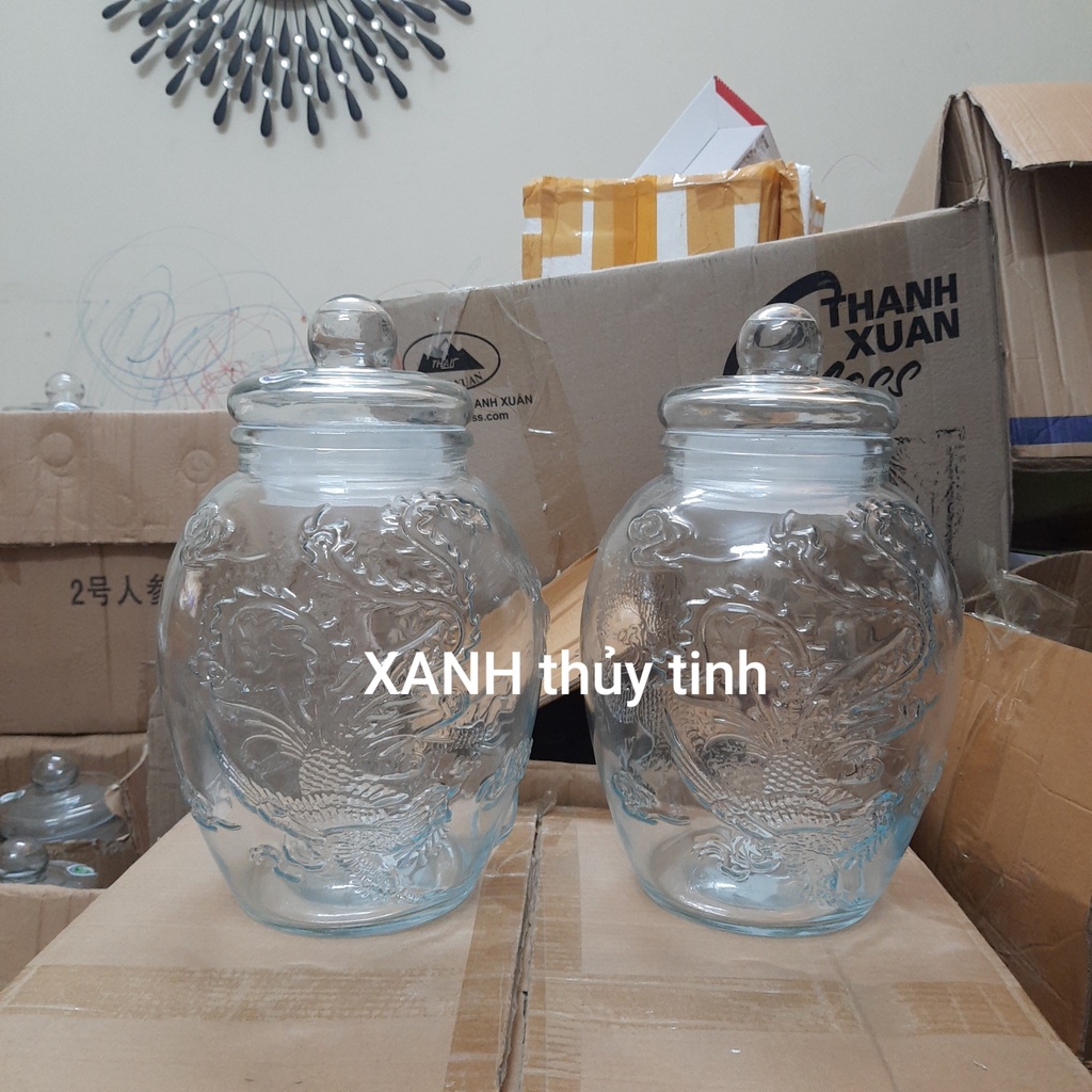 Chum thủy tinh họa tiết rồng phượng, dày dặn - Dung tích - 6 lít