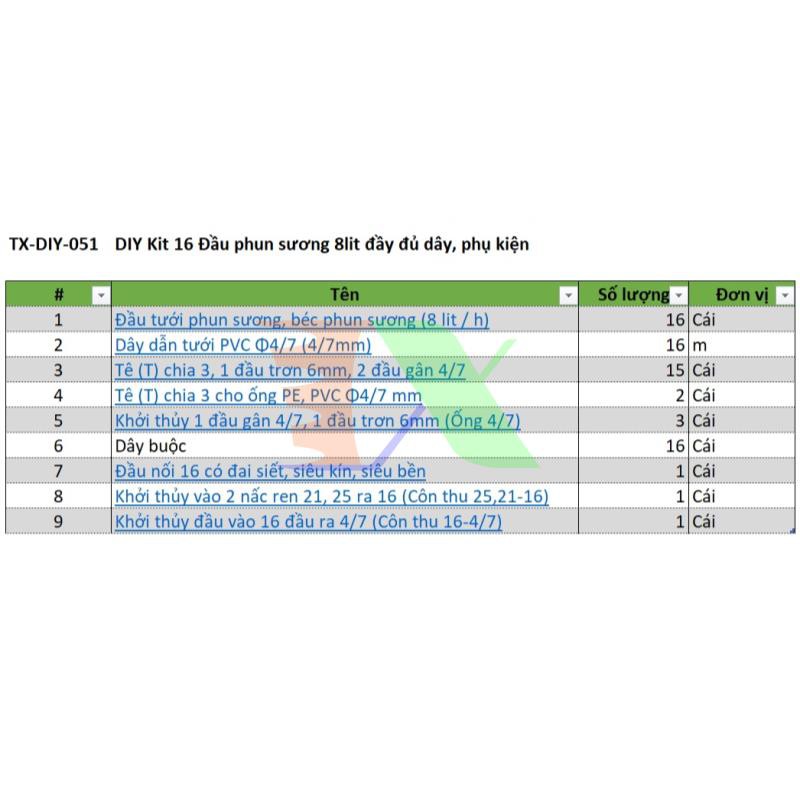 Bộ Kit 16 Đầu béc phun sương 8lit đầy đủ dây, phụ kiện TX-DIY-051, Tưới phun sương làm mát, tưới Lan tự lắp DIY