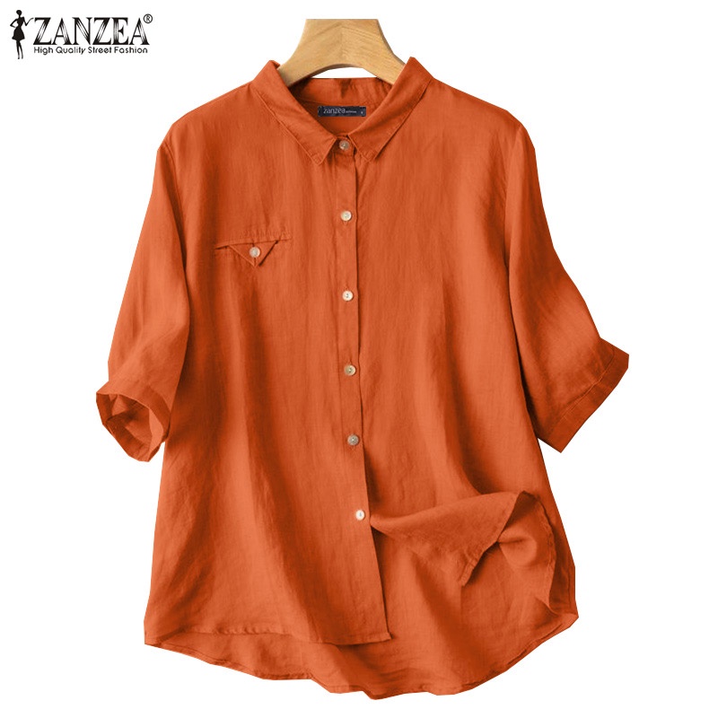 Áo sơ mi Zanzea cổ bẻ tay 3/4 cài nút màu trơn thời trang cho nữ