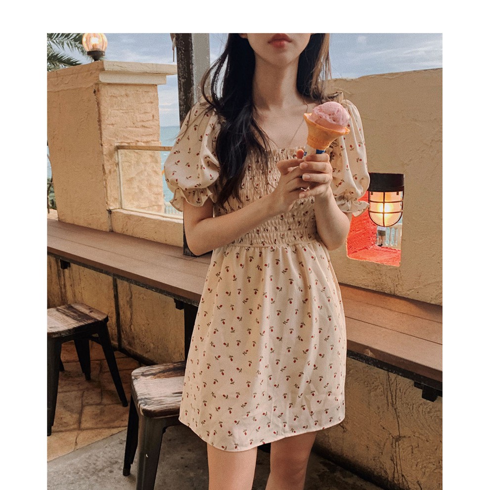 Váy hoa nhí tay phồng nhún ngực phong cách ulzzang Vitage Hàn Quốc V03 - Peyy Clothing | BigBuy360 - bigbuy360.vn