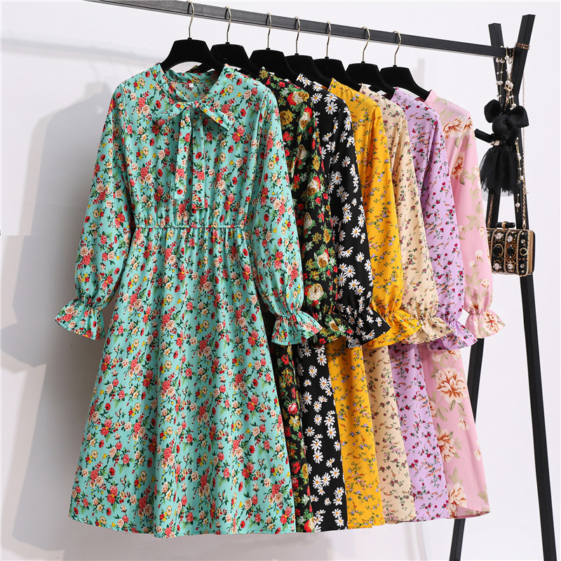 Ready Stock 2021 New Fashion Korean Dresses Floral Chiffon Women Casual Dinner Long Sleeve A-line Midi Dress Muslimah Wear Import