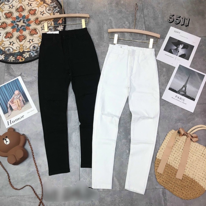 Quần bò trơn ôm rách gối 2 màu trắng, đen. Size S M L siêu đẹp