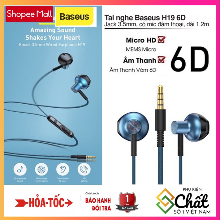 Tai Nghe Có Dây BASEUS H19 Âm Thanh Vòm 6D, Bass Hay 3.5mm, Tai Nghe HIFI Có MIC Dành Cho IPHONE , SAMSUNG , XIAOMI