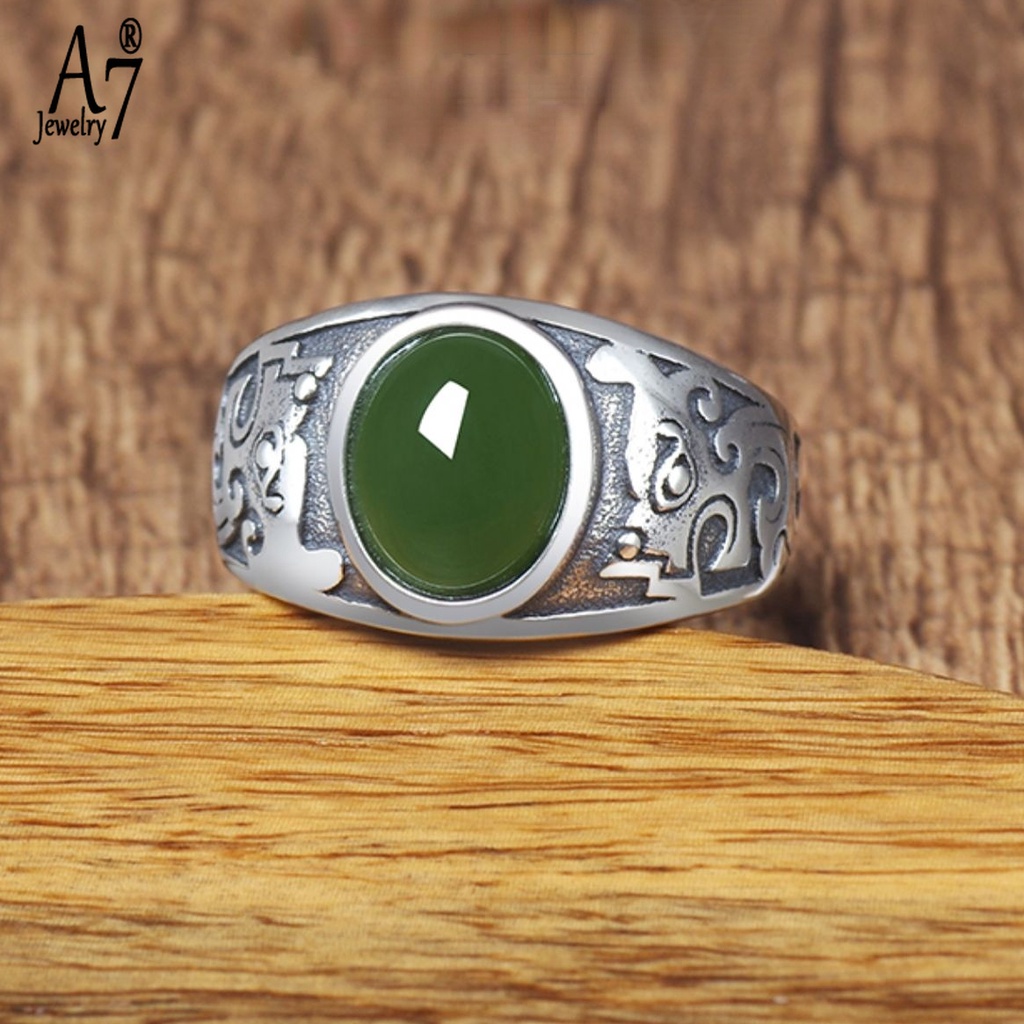 Nhẫn Mạ Bạc 925 Đính Ngọc Lục Bảo Cỡ A7 Thời Trang Cho Nam