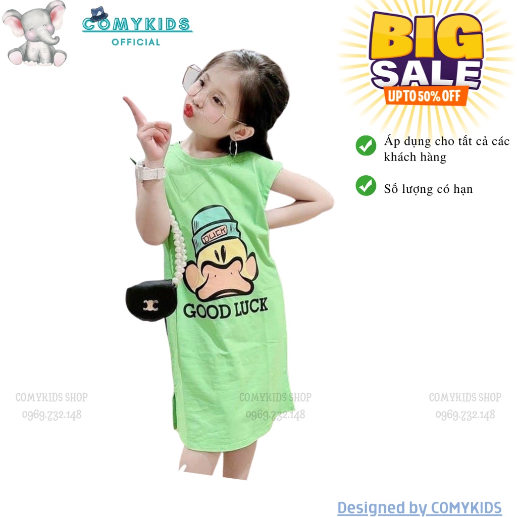 Váy chữ A, dáng xuông xẻ gấu, hình in hoạt hình dễ thương cho bé gái 1- 10 tuổi (8-40kg)