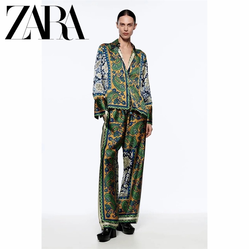 Zara set Áo Sơ Mi Tay Dài In Họa Tiết Phong Cách vintage Ngọt Ngào