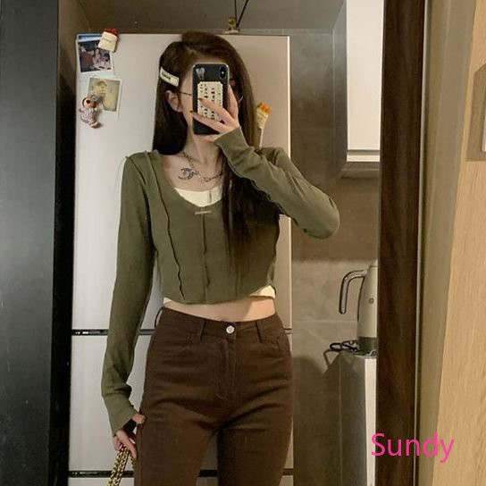 Set Áo Thun Tay Dài Hai Dây Màu Sắc Trẻ Trung Quyến Rũ Dành Cho Nữ