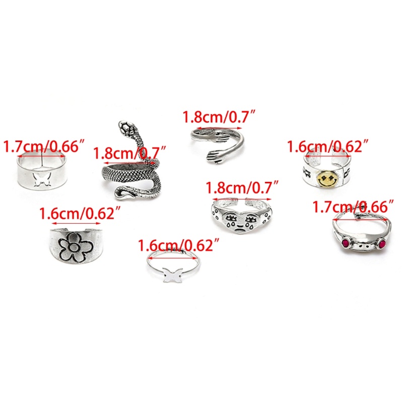 Set 8 Nhẫn Đeo Tay Họa Tiết Mặt Cười / Rắn / Bướm Phong Cách Retro