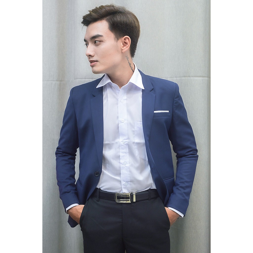 Bộ vest nam 1 nút ôm body màu xanh đen tặng kèm cà vạt nơ