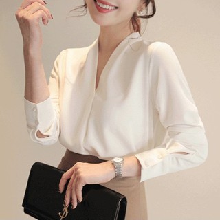 🌺Chủ cửa hàng khuyên dùng voan chất lượng tốt🌺S-2xl Áo Sơ Mi Voan Trắng Nữ Cổ Chữ V Phong Cách Hàn Quốc Dài Tay Rời Top Áo Sơ Mi Trắng Phiên Bản Hàn Quốc Mùa Hè Chuyên Nghiệp Mặc