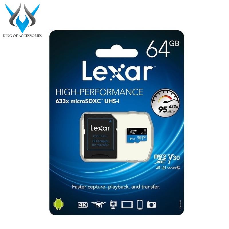 Thẻ Nhớ MicroSDXC Lexar 64GB 633x A1 V30 U3 4K 95MB/s (Xanh) - kèm Adapter