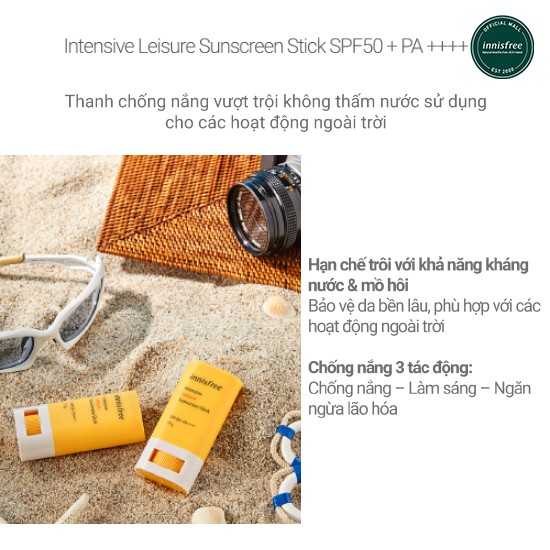 [Mã COSIF05 giảm 10% đơn 400K] Kem chống nắng dạng thỏi innisfree Intensive Leisure Sunscreen Stick SPF50+ PA++++ 18G