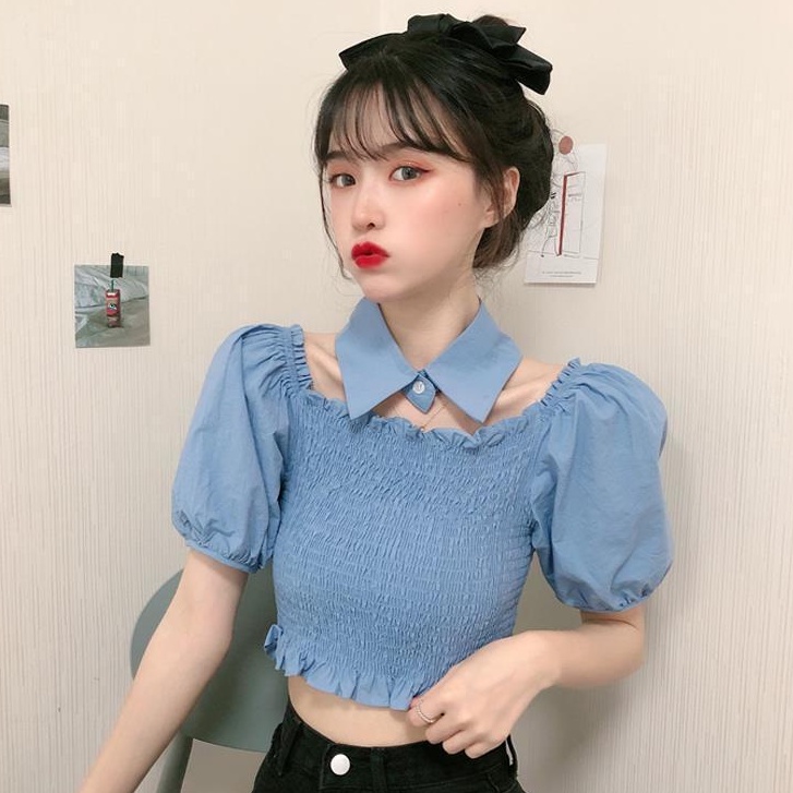 Áo Sơ Mi Tay Ngắn Phồng Trễ Vai Màu Tím Phong Cách Hàn Quốc Thời Trang Mùa Hè Mới Cho Nữ