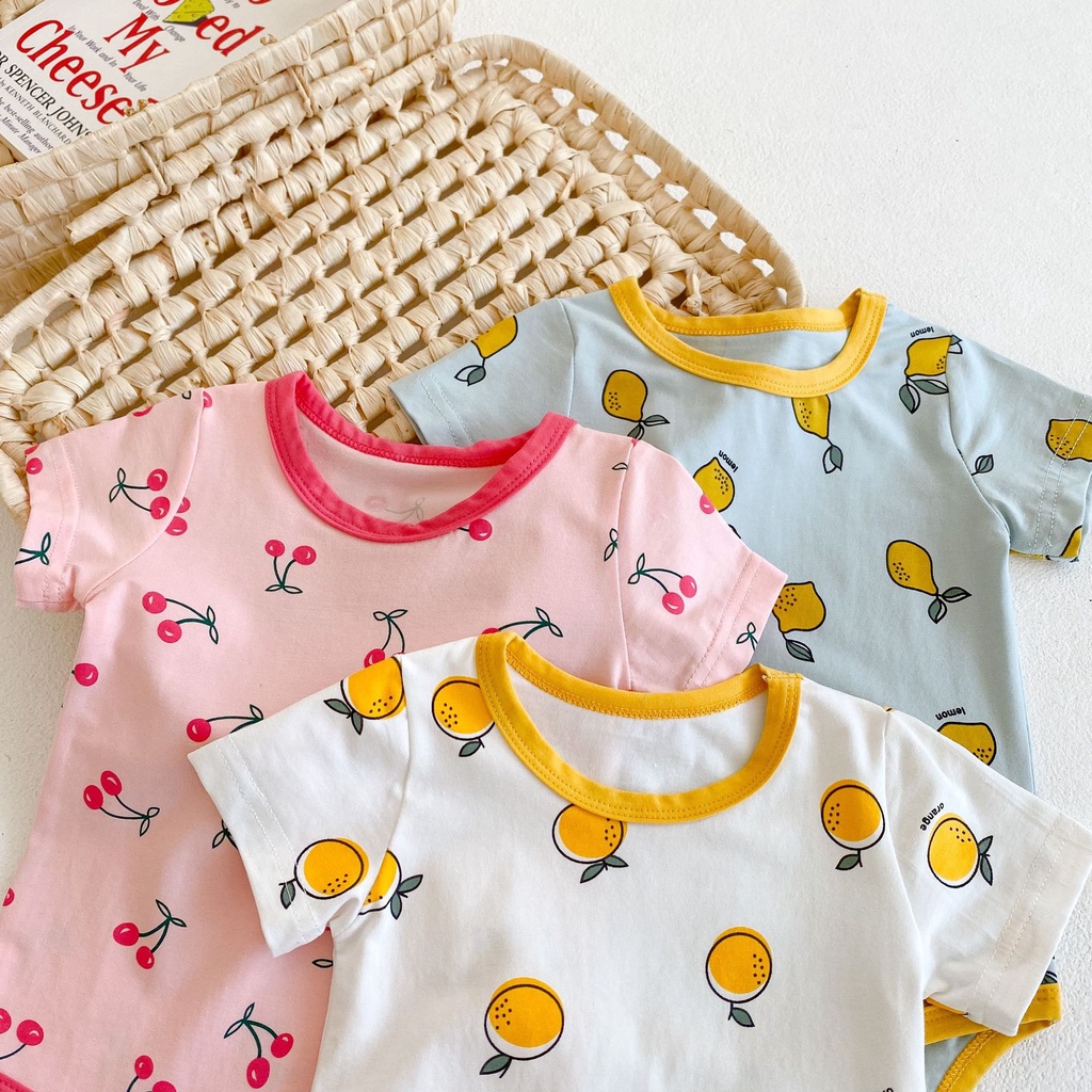 Bộ Áo Liền Quần Cotton Tay Ngắn In Họa Tiết Trái Cây Hoạt Hình Dễ Thương Thời Trang Mùa Hè Cho Bé Sơ Sinh